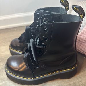 Dr. Martens platform boots with yellow stitching, & ribbon laces only worn twice